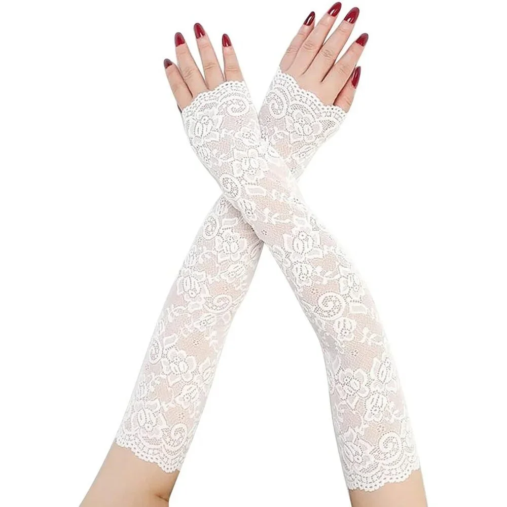 Women's A-White Floral Lace Long Arm Sleeves Hollow Fingerless Gloves Design
